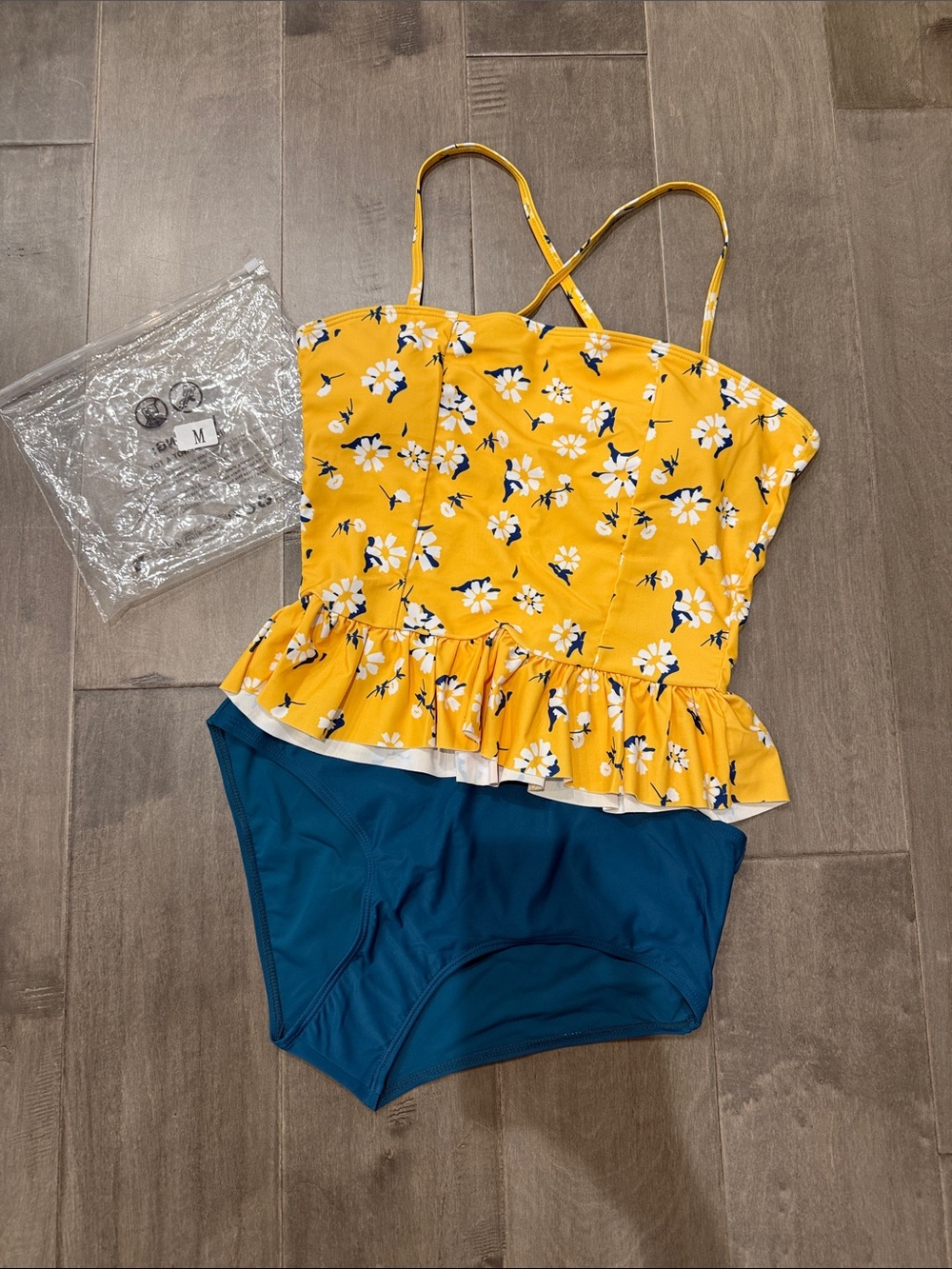 Yellow Floral Ruffle Tankini Top with Blue High-Waist Bottoms - Women Swim